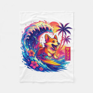 Dog Lovers Japanese Corgi Surfing Great Wave Japan Fleece Blanket