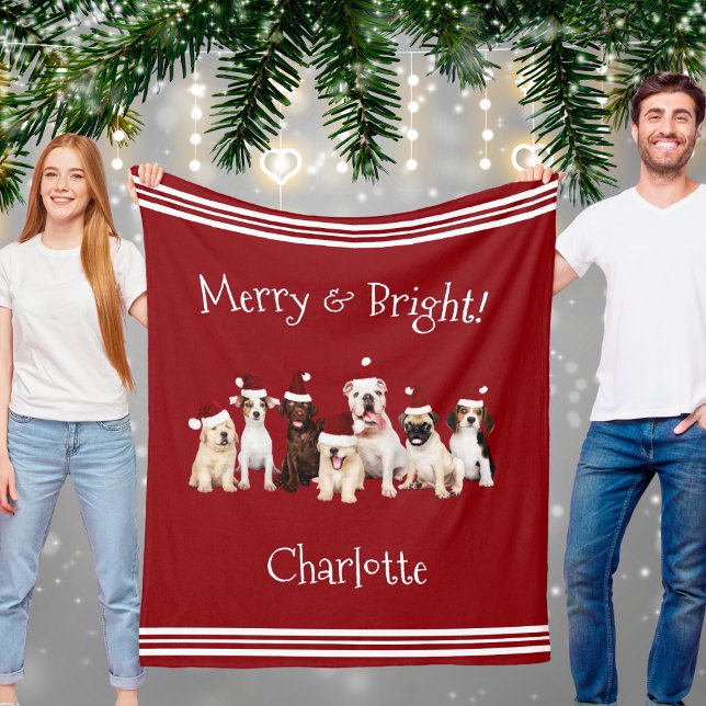 Dog Lovers Red Christmas Blanket With Name (Cute Dogs Red Christmas Blanket With Name)