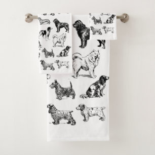 Dog Lover's Vintage Black & White Various Breeds Bath Towel Set