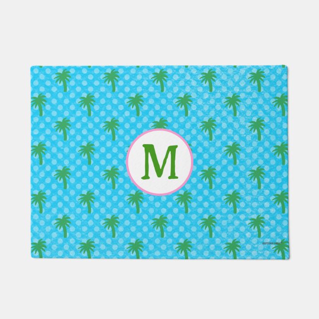 Dog Mat Coastal Blue with Green Palm Tree Custom (Front)