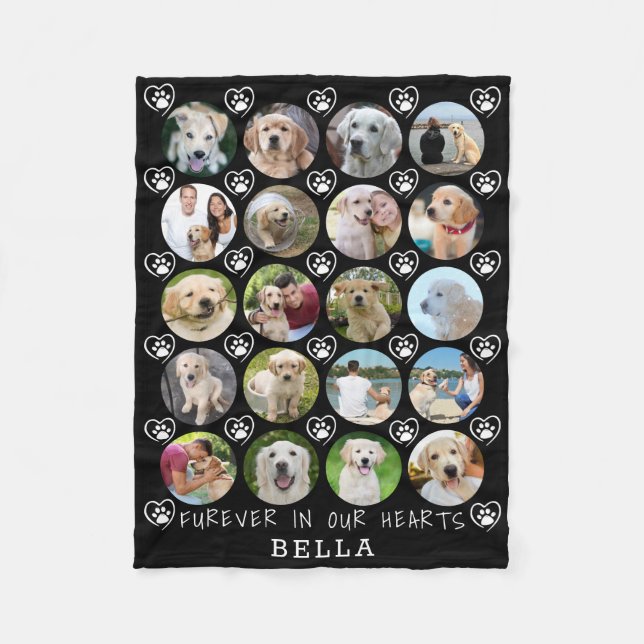 Dog Memorial 20 Photo Collage Paw Prints Hearts Fleece Blanket (Front)