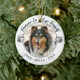 Dog Memorial Forever in Our Hearts Photo Paw Heart Ceramic Tree Decoration