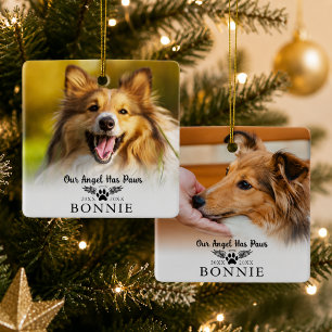 Dog Memorial Paw Print Angel Wings Photo Ceramic Ornament