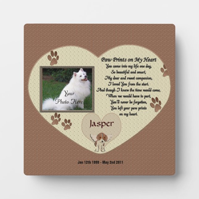 Dog Memorial - Paw Prints on My Heart - Beige Plaque (Front)