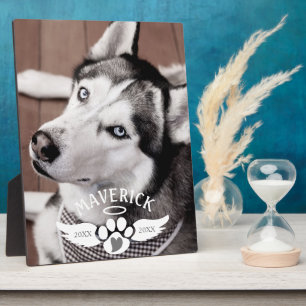 Dog Memorial Pawprint Heart Angel Wings Photo Plaque