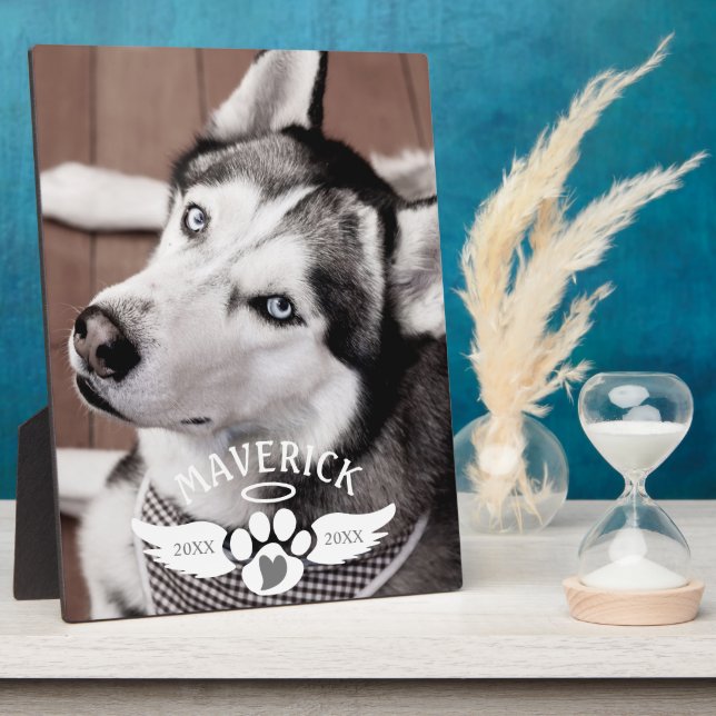 Dog Memorial Pawprint Heart Angel Wings Photo Plaque (Side)