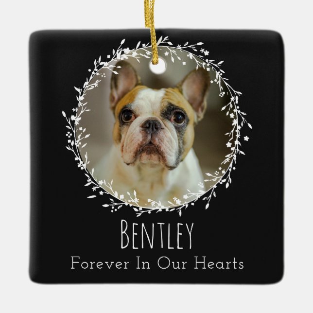 Dog Memorial Pet Loss Keepsake Two Photo Wreath Ceramic Ornament (Front)