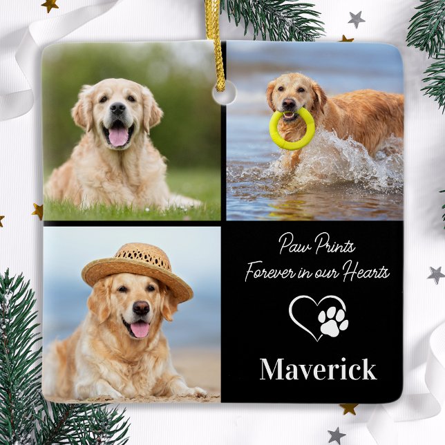 Dog Memorial Pet Loss Personalised 3 Photo Collage Ceramic Ornament (Creator Uploaded)