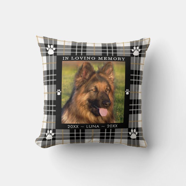 DOG Memorial Photo IN LOVING MEMORY Black Plaid Cushion (Front)