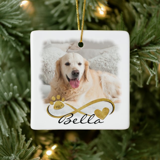 Dog Memorial Photo Paw Print Heart Infinity Cerami Ceramic Ornament (Tree)