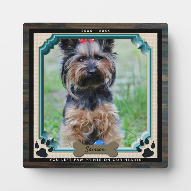DOG Memorial PHOTO Plaque Paw Print On Hearts (Front)
