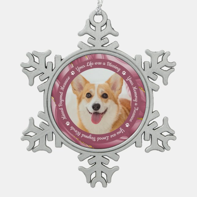 Dog Memorial Rose Gold Personalised Pet Photo Snowflake Pewter Christmas Ornament (Front)