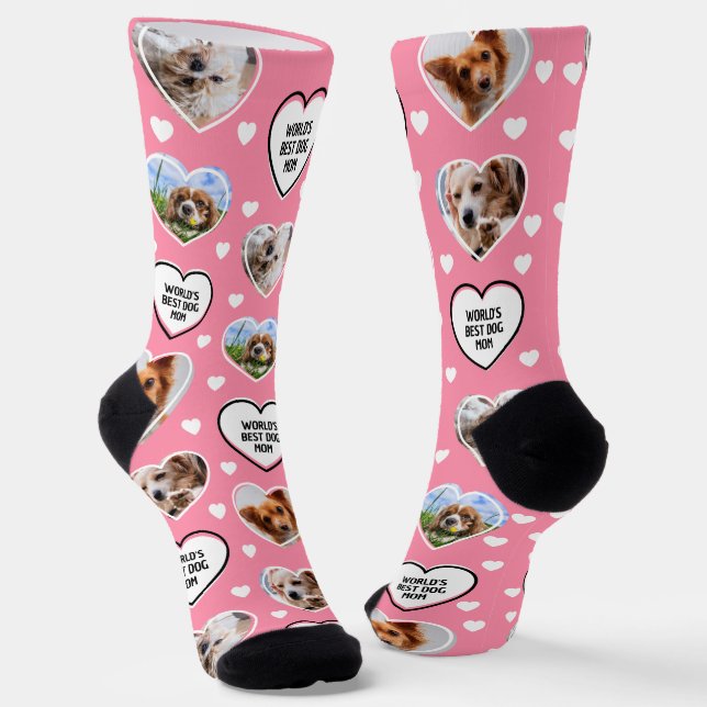 DOG MOM Custom 4 Pet Cat Dog Heart Photo Pink Socks (Angled)