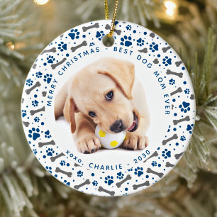 DOG MOM Custom Pet Photo Paw Prints Christmas  Ceramic Tree Decoration