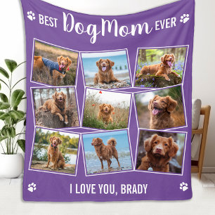 DOG MOM Customised Purple Pet Photo Collage Fleece Blanket