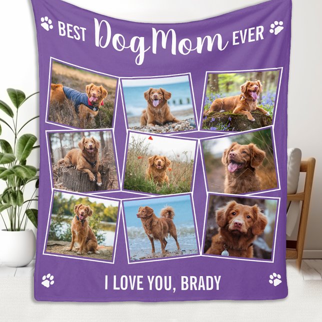 DOG MOM Customised Purple Pet Photo Collage Fleece Blanket (Creator Uploaded)
