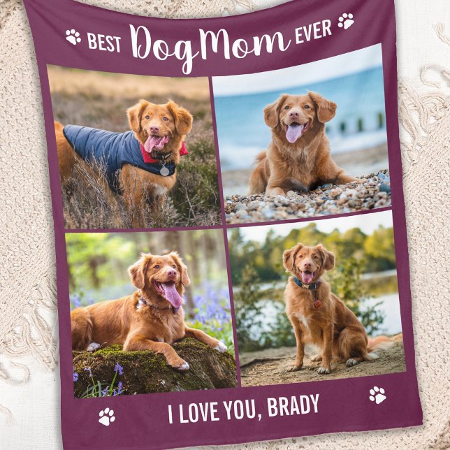 DOG MOM Personalised 4 Photo Collage Cute Pictures Fleece Blanket (Creator Uploaded)