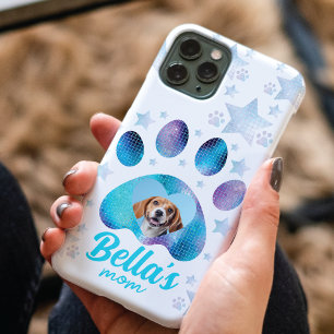 Dog Mom Photo Custom Blue Glitter Stars Case-Mate iPhone Case