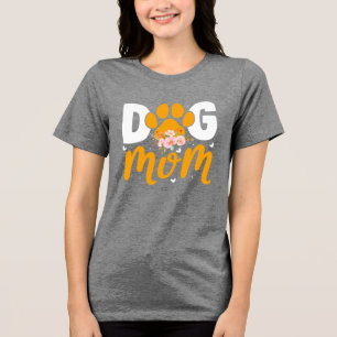 Dog Mom T-Shirt • Orange Paw Print Floral Design Tri-Blend Shirt