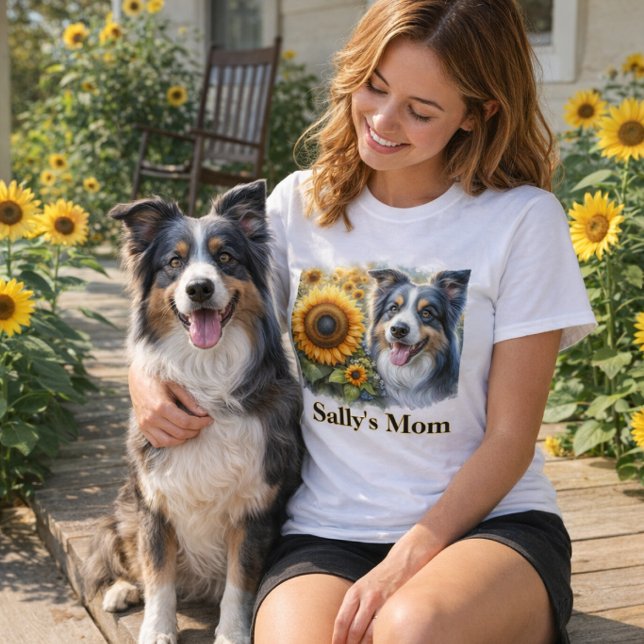 Dog Mum Border Collie T-Shirt (Summer style "Dog Mom" sunflower and border collie T-shirt. )