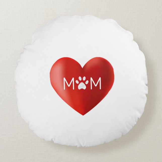Dog Mum, Cat Mum with Paw & Heart on White Round Cushion (Front)