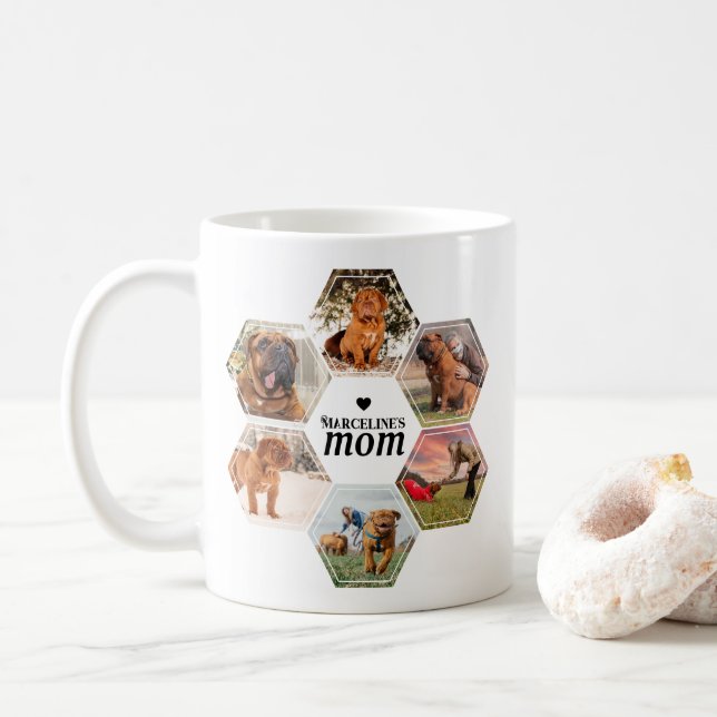 Dog Mum Custom Photo Collage with Name Black White Coffee Mug (With Donut)