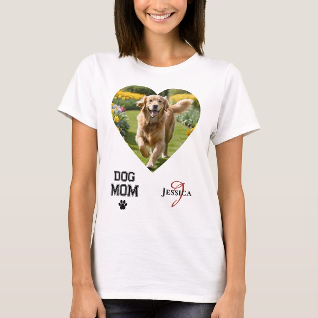 Dog Mum Heart Shaped Photos Monogram Paw Print T-Shirt (Front)