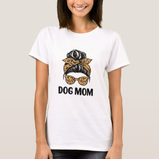 Dog Mum Leopard Messy Bun Design T-Shirt