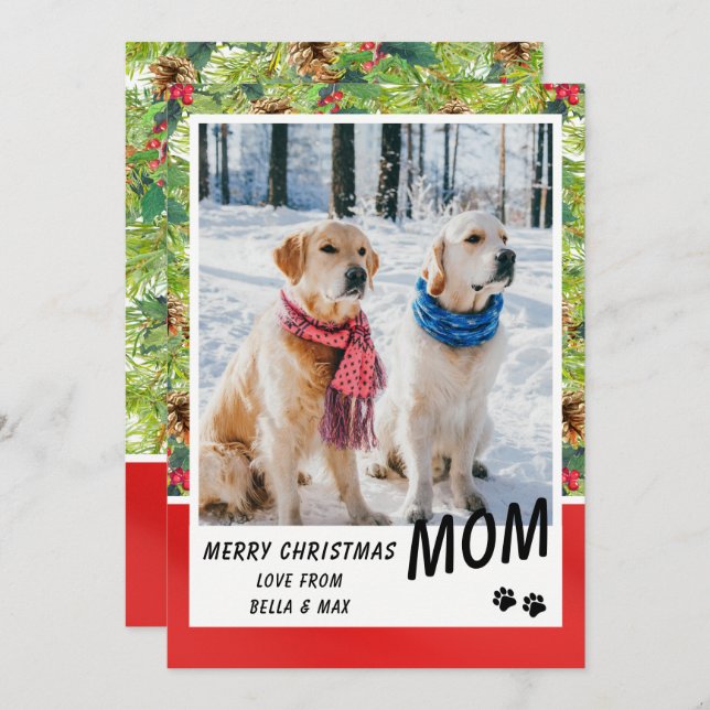 Dog Mum Merry Christmas Modern Pine Floral Photo (Front/Back)
