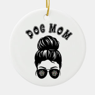 Dog Mum Messy Bun Black & White Art Ceramic Tree Decoration