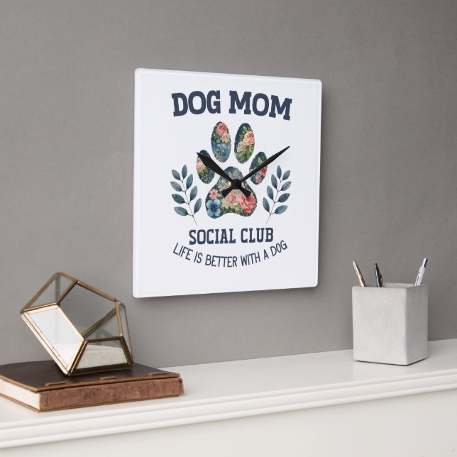 Dog Mum  Paw Floral  Square Wall Clock (Office)