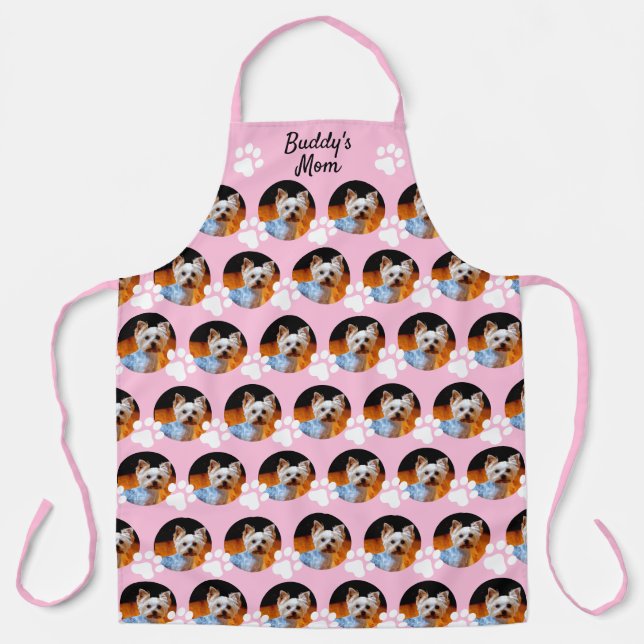 Dog Mum Pet Photo Pattern Name Pink w Paw Print Apron (Front)
