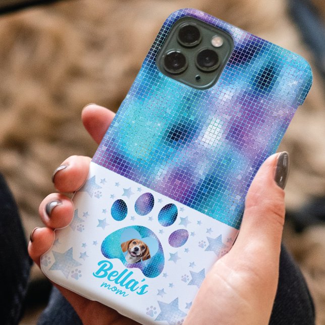 Dog Mum Photo Custom Blue Glitter Stars Case-Mate iPhone Case (Creator Uploaded)