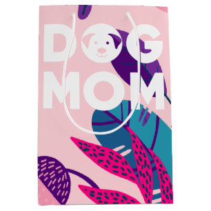 Dog Mum, Pink Flowers & Leaves Medium Gift Bag