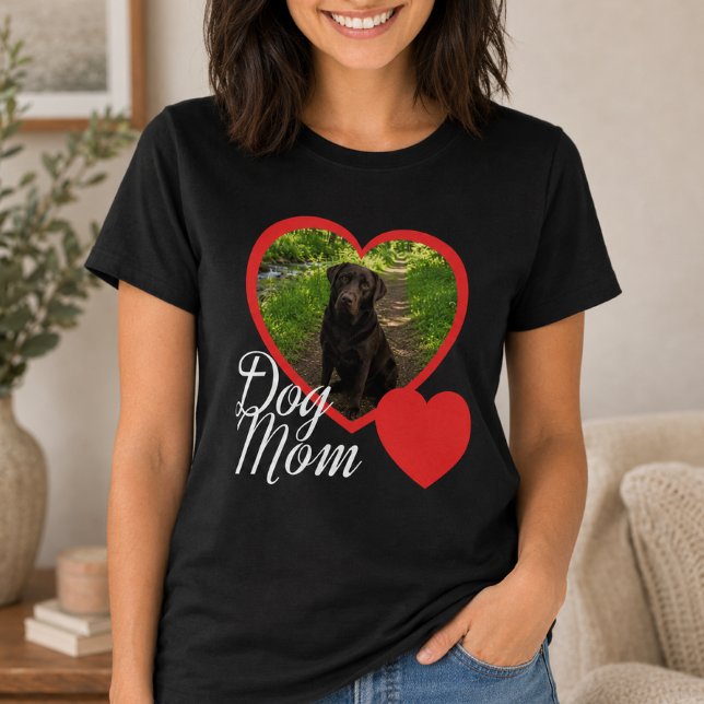 Dog Mum Script Red Heart Photo Black T-Shirt (Creator Uploaded)