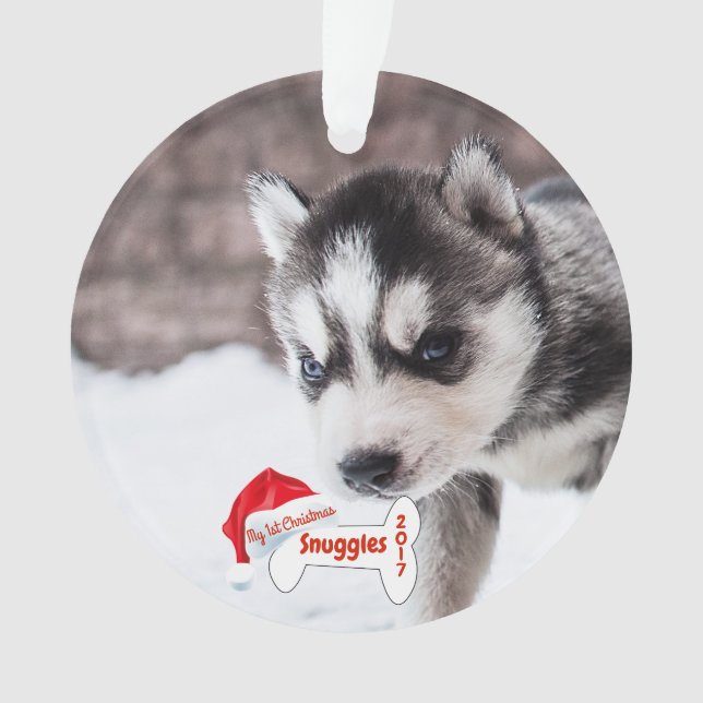Dog My First Christmas Puppy Photo Name Dog Bone Ornament (Front)