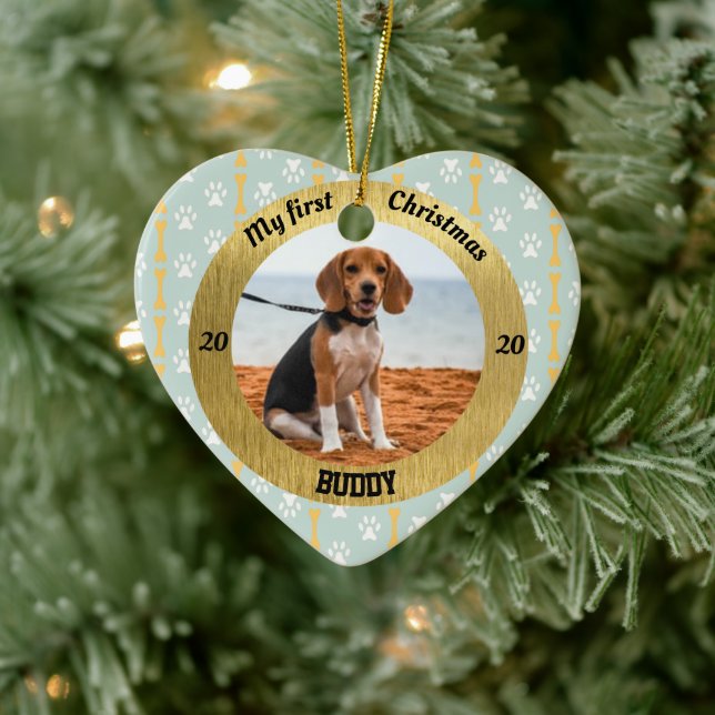 Dog My First Christmas Puppy Photo Name Heart Ceramic Tree Decoration (Tree)