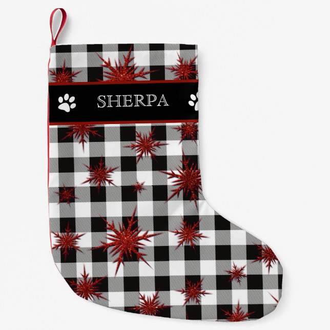 Dog Name Black White Plaid Red Glitter Snowflakes  Small Christmas Stocking (Front)
