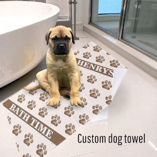 Dog Name Brown Paw Print Bath Personalized Towel
