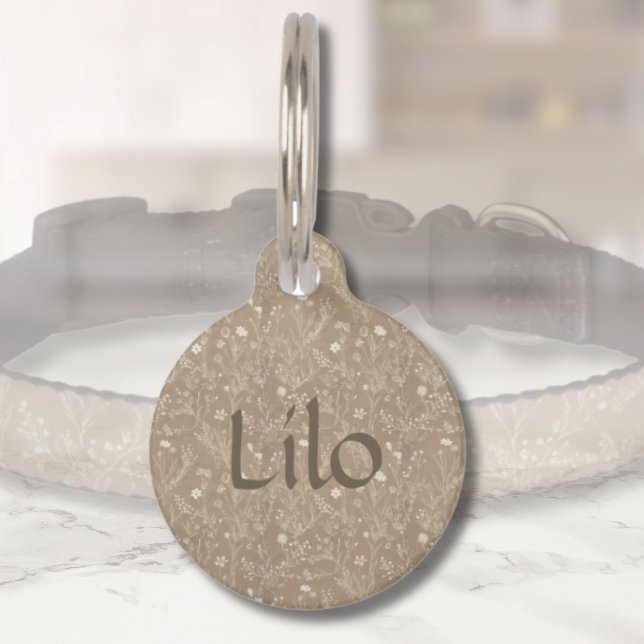Dog Name ID Tag - Brown Botanical, Personalized   (personalized brown botanicals pet id tag )