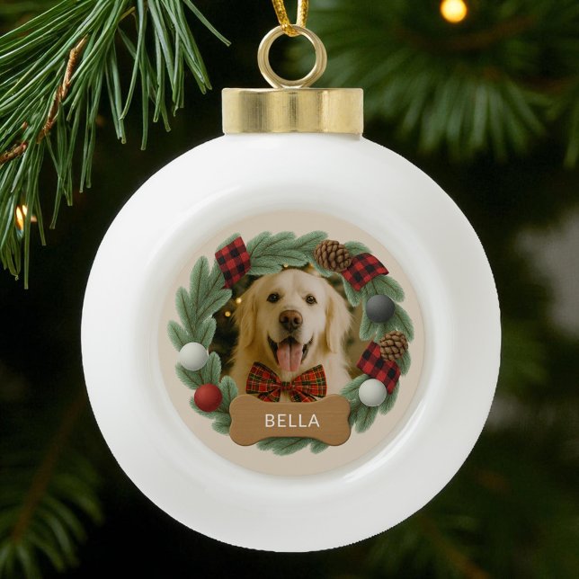 Dog Name Photo Holiday Christmas Custom Plaid  Ceramic Ball Christmas Ornament (Creator Uploaded)