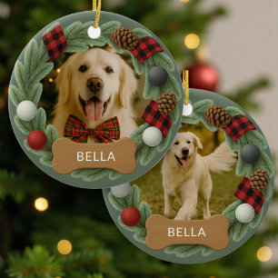Dog Name Photo Holiday Christmas Wreath Ceramic Tree Decoration