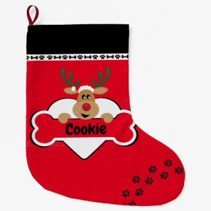 Dog Name with Reindeer Red Large Christmas Stocking