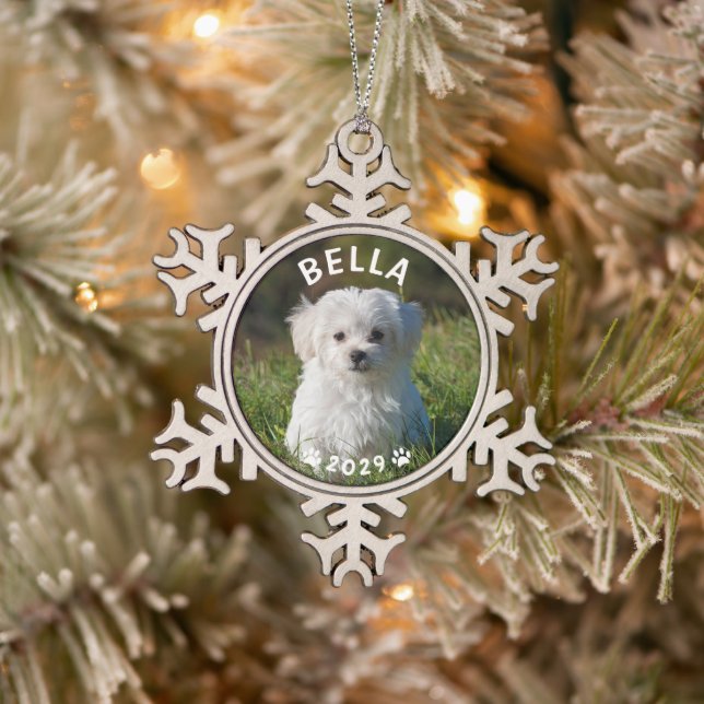 Dog Name Year Paw Prints Custom Photo Snowflake Pewter Christmas Ornament (Tree)