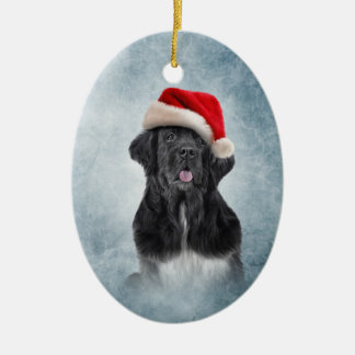Dog Newfoundland in red hat of Santa Claus Ceramic Tree Decoration