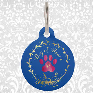 Dog of Honour Fuchsia Paw Print on Blue Pet Tag