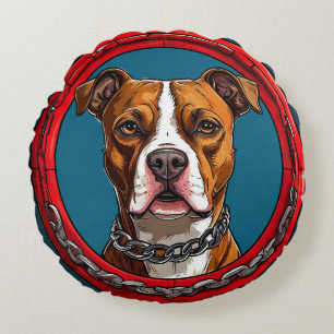 Dog on a blue background with chains round cushion
