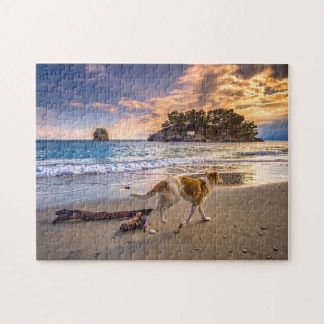 Dog on Beach at Sunset Jigsaw Puzzle (Horizontal)