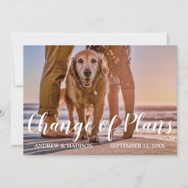 Dog on Beach Change of Plans Postponed Wedding Save The Date (Front)