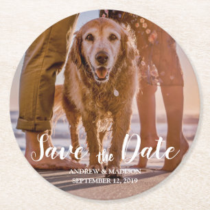 Dog on Beach with Couple Save the Date Round Paper Coaster